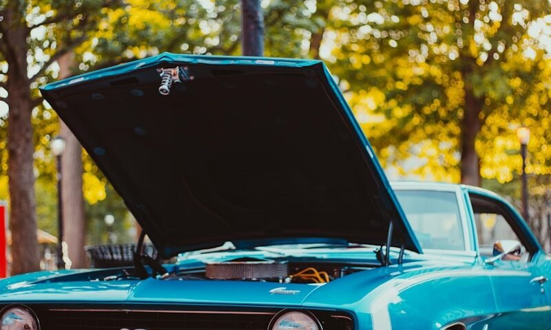 teal Chevrolet SS coupe parked near lamp post